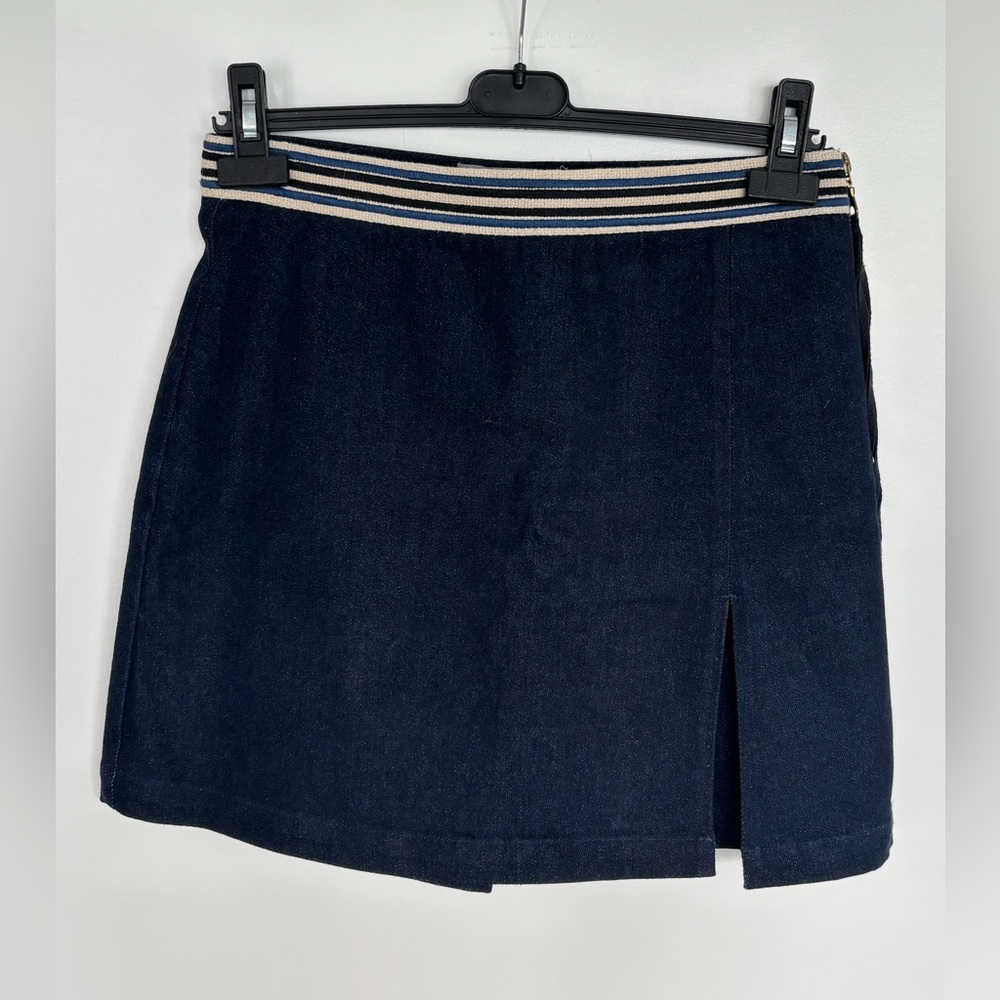 Moonray 14” Waist Striped Waistband Denim Mini Skort, Navy, Size 6.